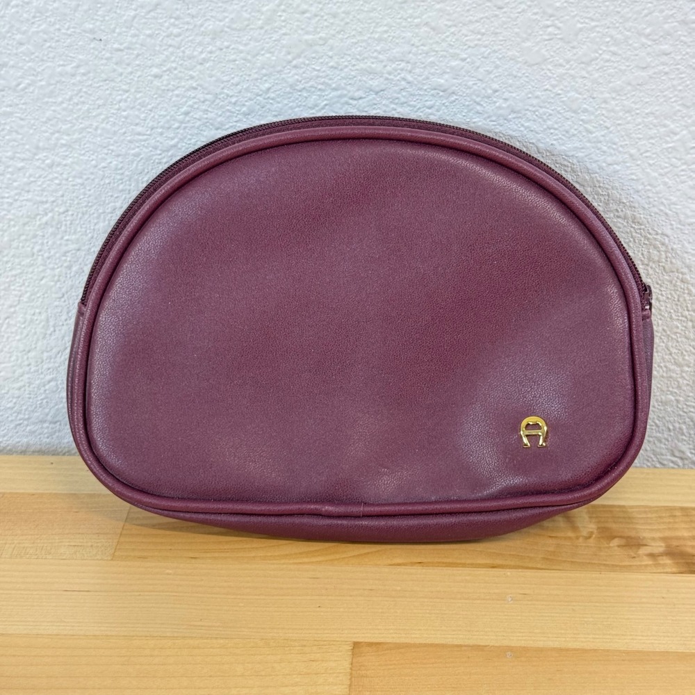 Etienne Aigner Burgundy Leather Half Moon Cosmetic Pouch Makeup Bag Gold Logo